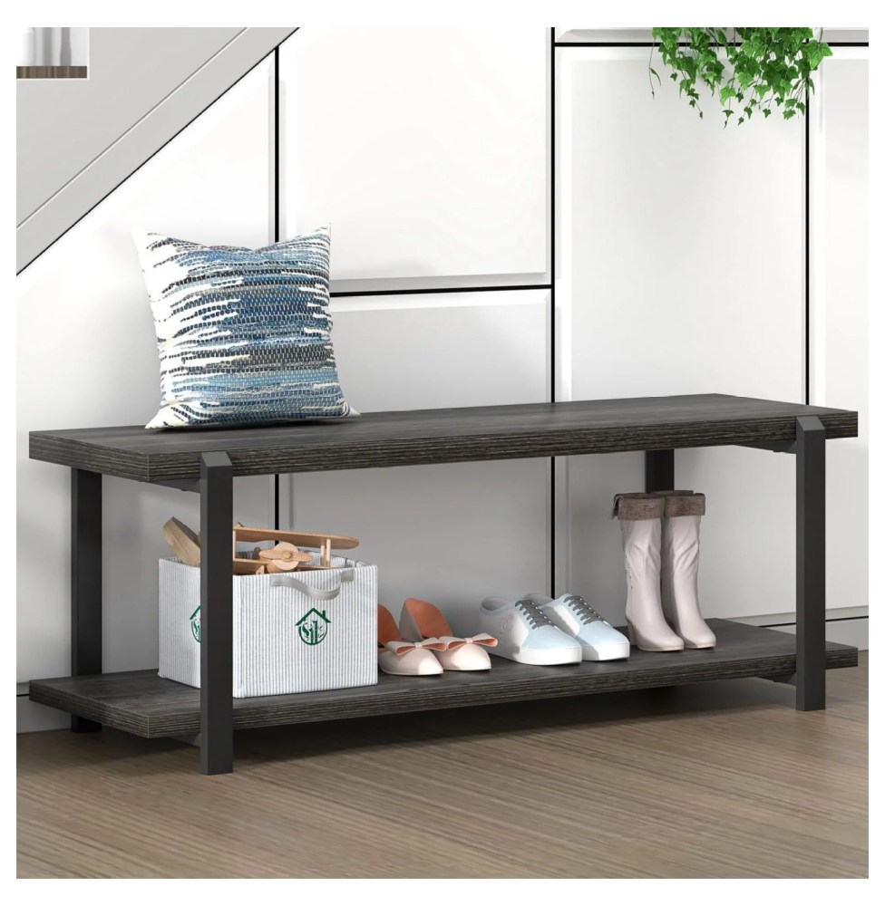 47 Inch Shoe Rack,Rustic Wood & Metal Entryway Bench,Vintage Shoe Storage for Hallway,Dark Gray - Image 9