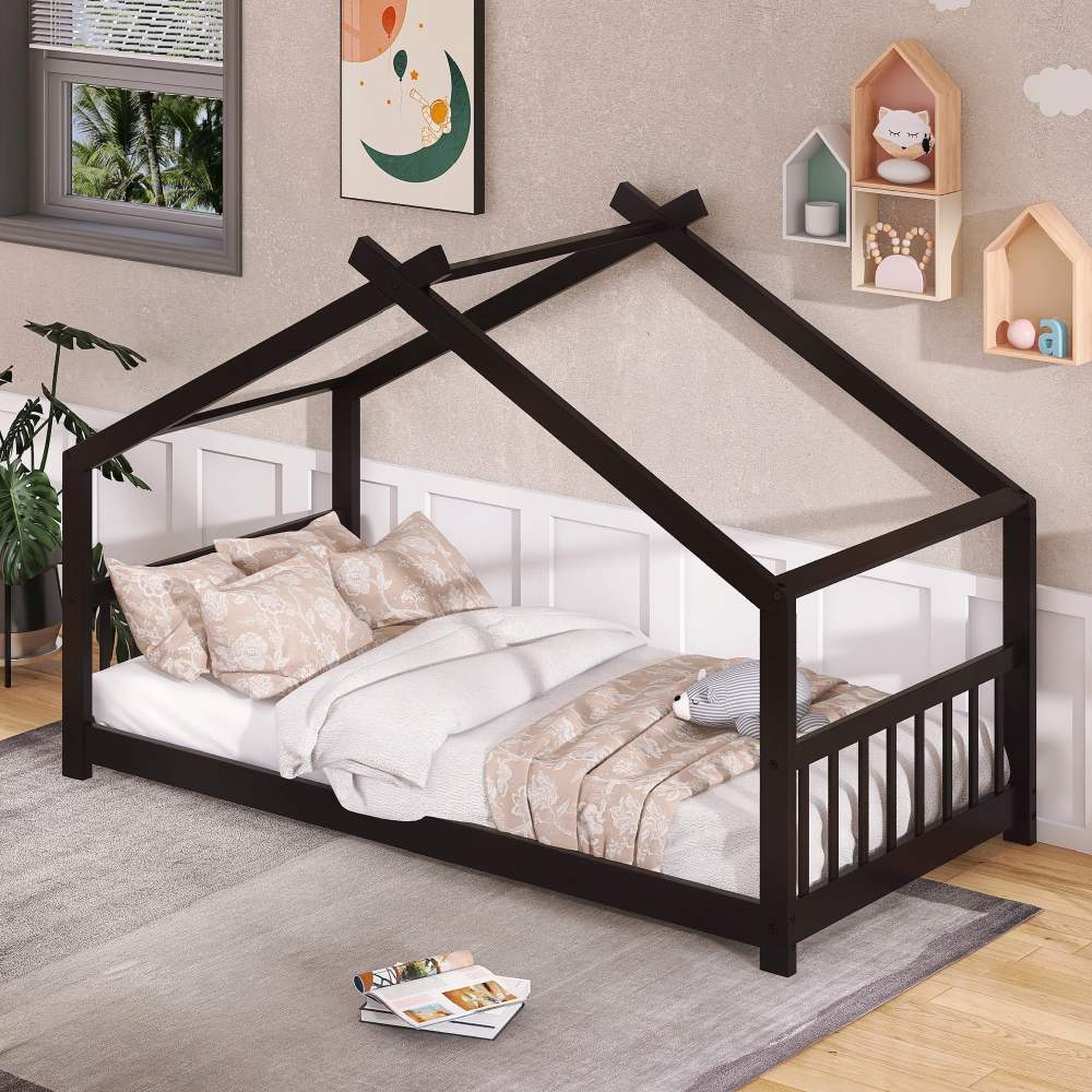 Aukfa Twin Size Wood House Beds Frame - Floor Bed Twin Platform Bed for Kids Teens Bedroom - Espresso