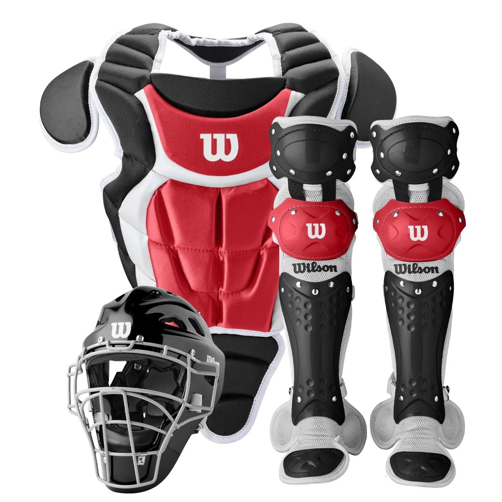 Wilson C200 Youth Baseball Catcher's Gear Kit - Black/Scarlet (Ages 7-12)