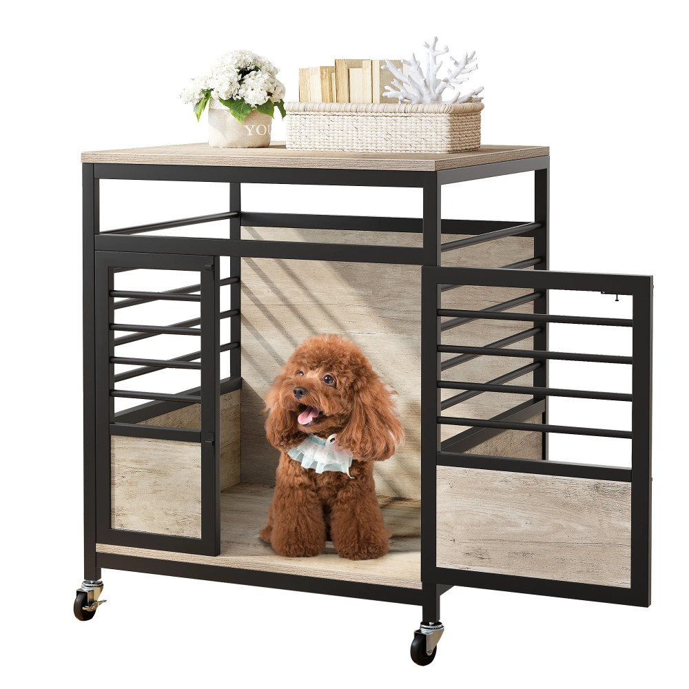 Dextrus 23.6" Dog Crate Furniture Wooden Dog House with Wheels,  Dog Kennel Indoor for Small Medium Dogs - Brown & Black
