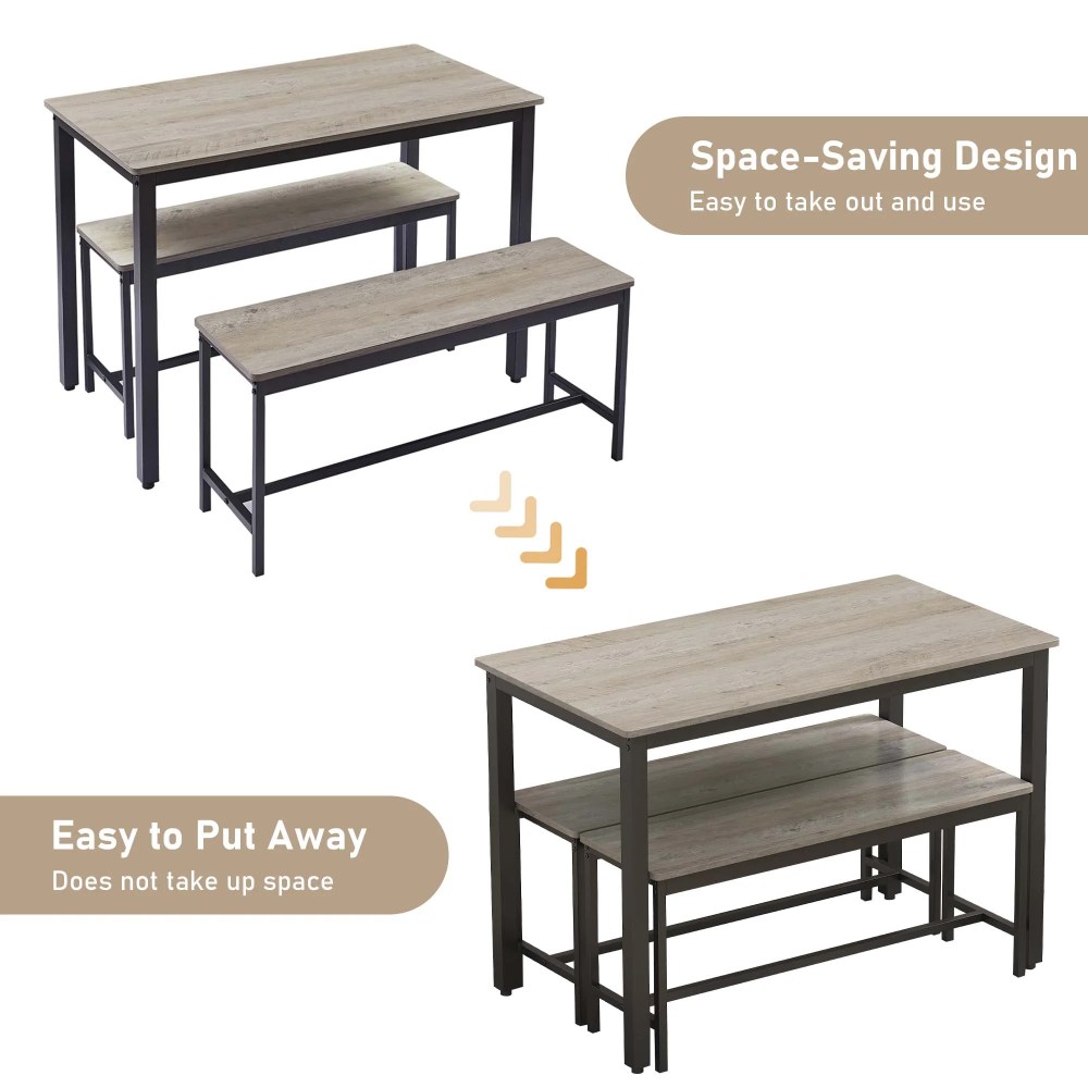 Aukfa 43.3" Dining Table Set for 4, Rectangular Kitchen Table W/ 2 Benches for Small Space,Gray - Image 2
