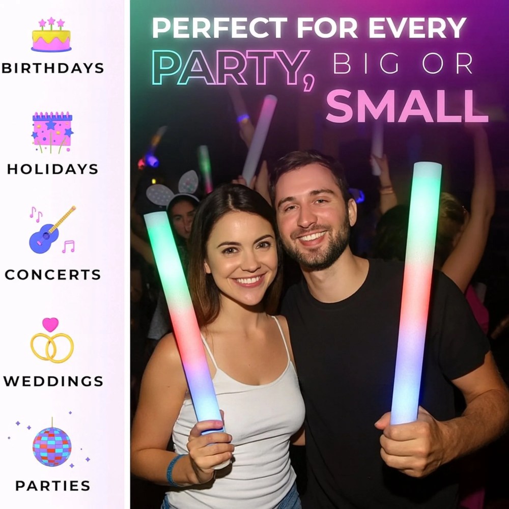 16" LED Glow Foam Sticks - 100 Pack MultiColor Light-Up Stick Batons for Parties, Shows & Events by PartyGlowz - Image 5