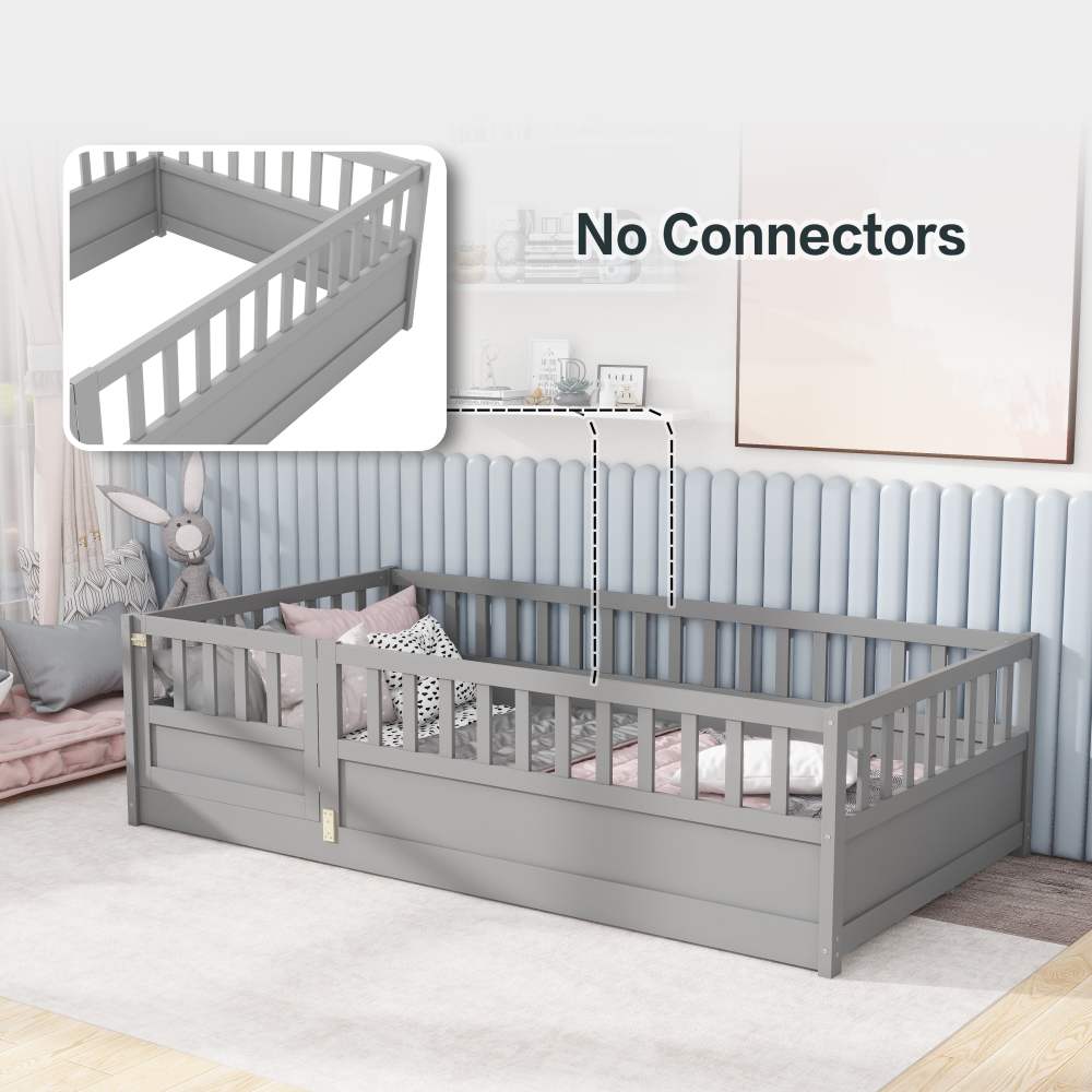 Euroco Twin Wood Floor Bed with Fence and Door, Low Wood Bed for Toddle Kids Teens, Gray - Image 11