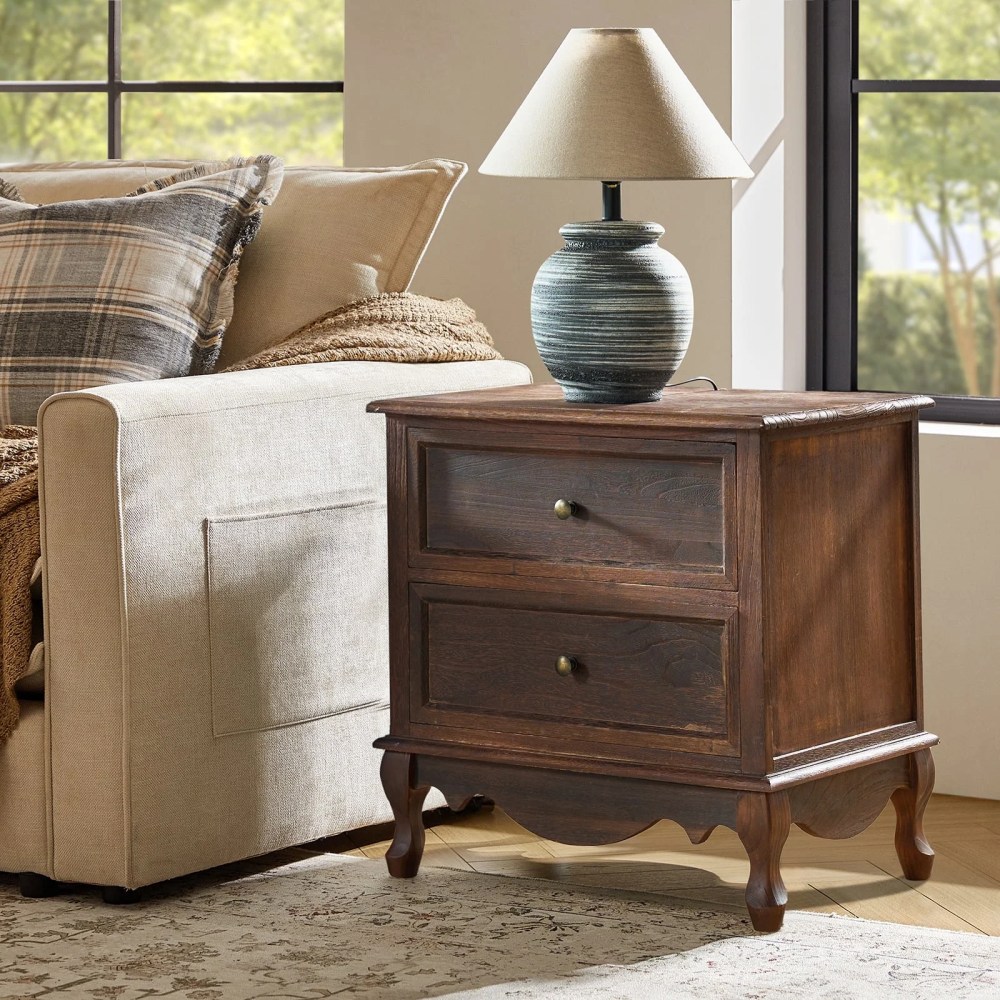 Wooden End Table with Charging Station Space 2 Drawers Table Living Room Walnut