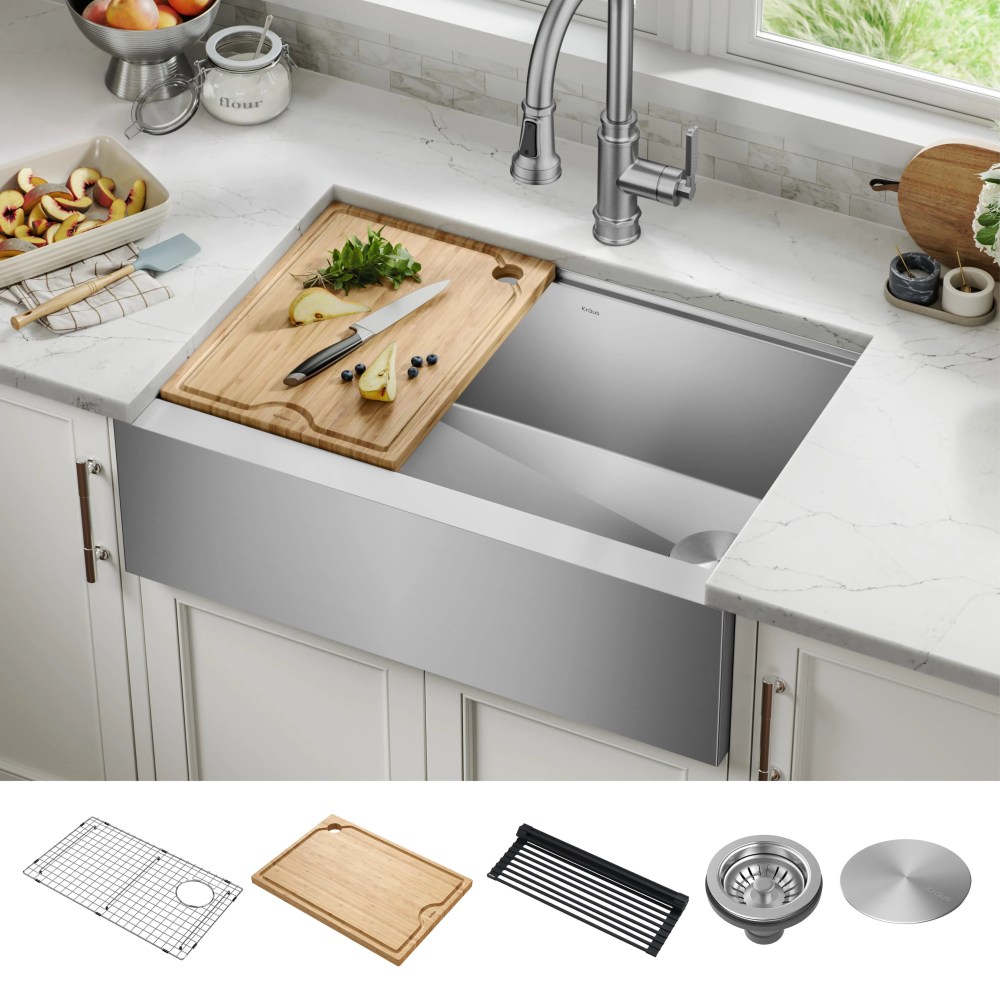 KRAUS Kore Workstation 30-inch Farmhouse Flat Apron Front 16 Gauge Single Bowl Stainless Steel Kitchen Sink with Accessories (Pack of 5) - Image 7