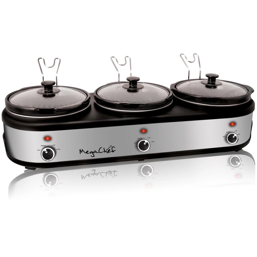 MegaChef Triple 2.5 Quart Slow Cooker and Buffet Server in Brushed Silver and Black Finish with 3 Ceramic Cooking Pots and Removable Lid Rests - Image 5