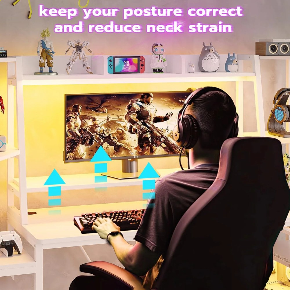 White Gaming Desk 65.7" with LED Lights,Hutch and Storage Shelves,Computer Desk with Monitor Stand,Large PC Gamer Desk Workstation,Ergonomic Gaming Table for Bedroom,Living Room - Image 5