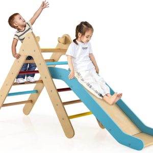 OLAKIDS Climbing Toys for Toddlers, 2 in 1 Montessori Kids Wood Triangle Climber with Ramp Ladder Slide for Gym Playground, Indoor Outdoor Climbing Toy Baby Play Structure Activity Set for Boys Girl