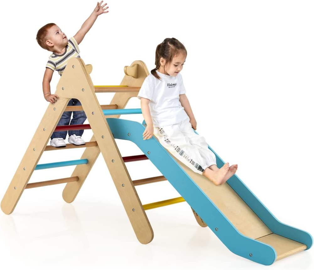 OLAKIDS Climbing Toys for Toddlers, 2 in 1 Montessori Kids Wood Triangle Climber with Ramp Ladder Slide for Gym Playground, Indoor Outdoor Climbing Toy Baby Play Structure Activity Set for Boys Girl