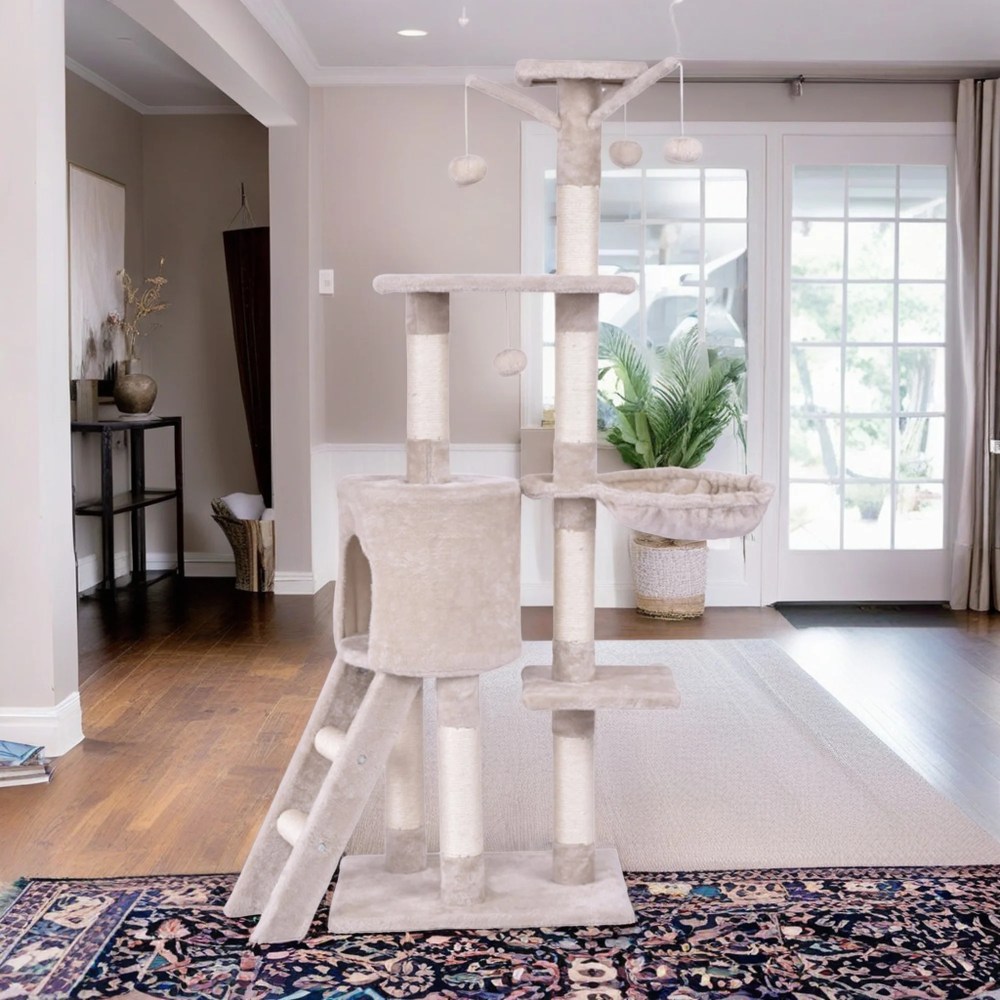 Pefilos 56" Cat Tree Tower for Indoor Cats with Ladder, Scratching Posts Cat Condo for Multiple Cats Jump Platform Cat Furniture Activity Center, Beige - Image 2