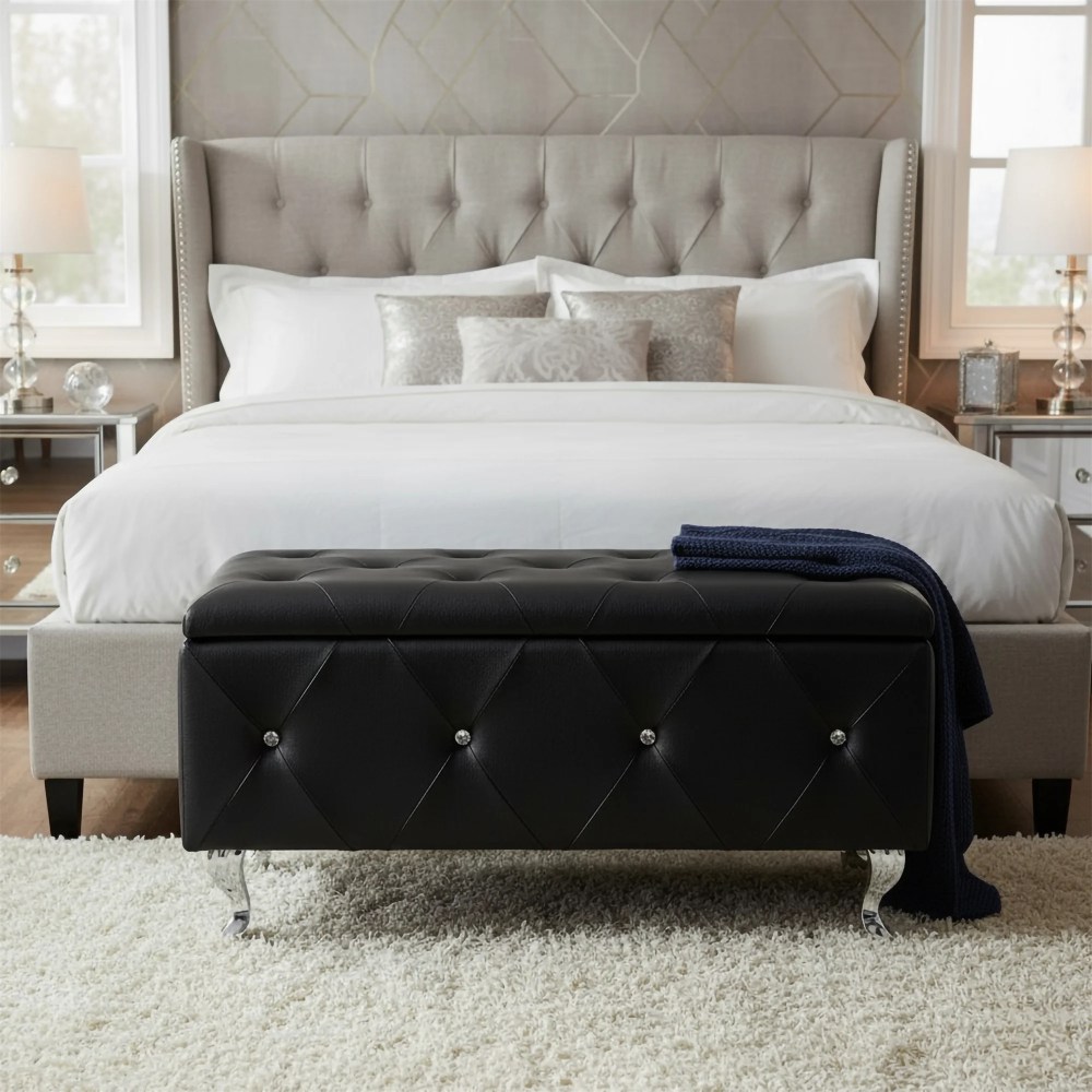AC Pacific Crystal Tufted Faux Leather Storage Bench,Black