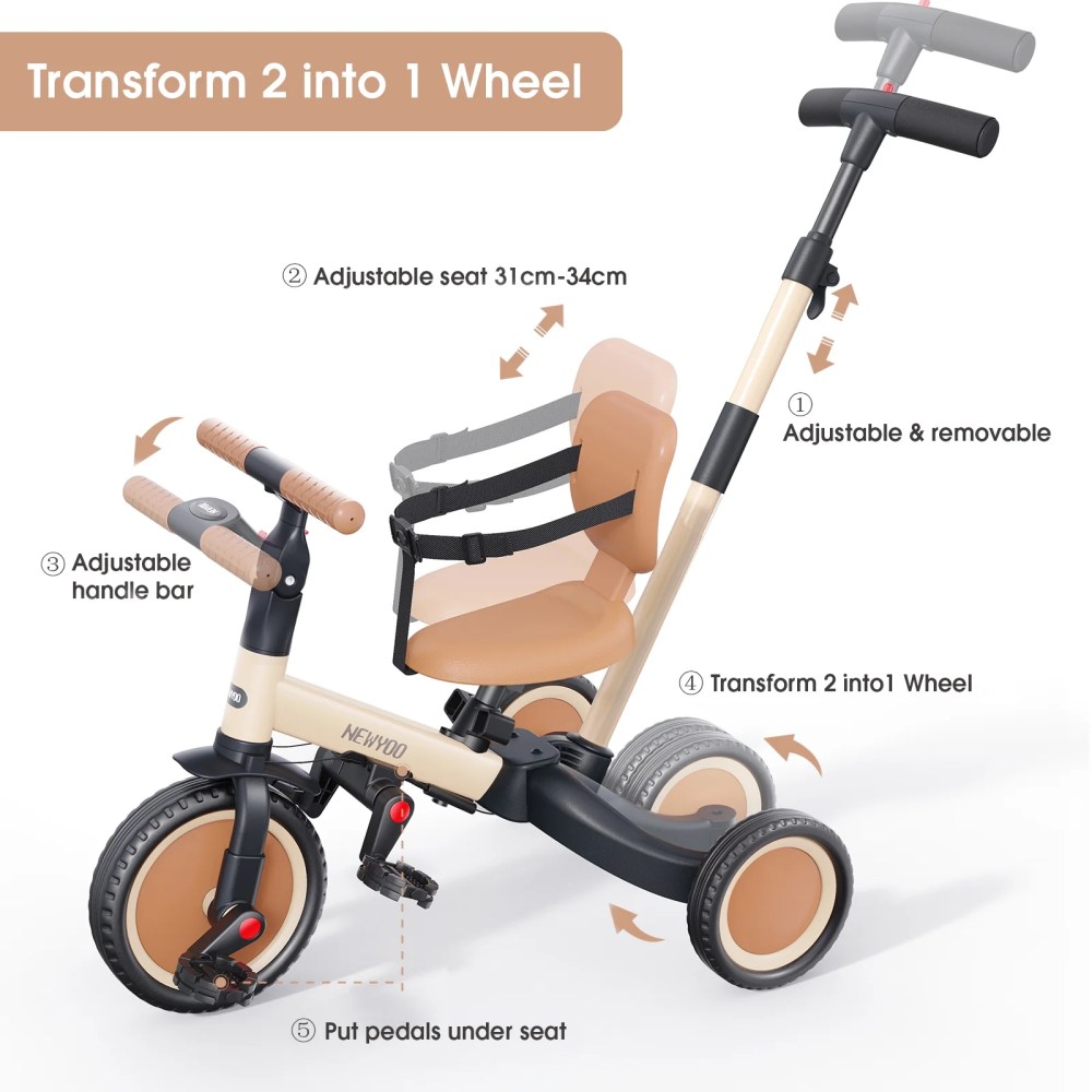 newyoo Toddler Tricycle with Push Handle for 1-3 Year Old, Toddler Bike, Birthday Gift and Toy for Boys and Girls, 5 in 1 Kids Trike, Balance Bike with Backrest and Safety Belt, Khaki, TR007 - Image 6
