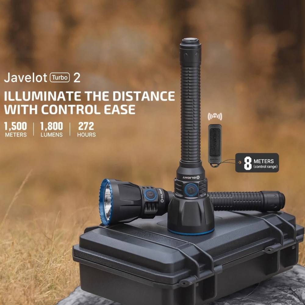 OLIGHT Javelot Turbo 2 1800 Lumen Rechargeable Flashlight with Long-Range 4921ft Throw,  Dual-Switch LED Hunting Light with Wireless Remote 8M Control,  Battery Pack & USB C Cable (Balck)