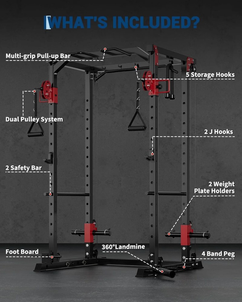 JoanKaren Power Rack with Dual Pulley System, 2000LBS Capacity Home Gym Squat Cage for Strength Training, Includes Multiple Attachments - Image 9