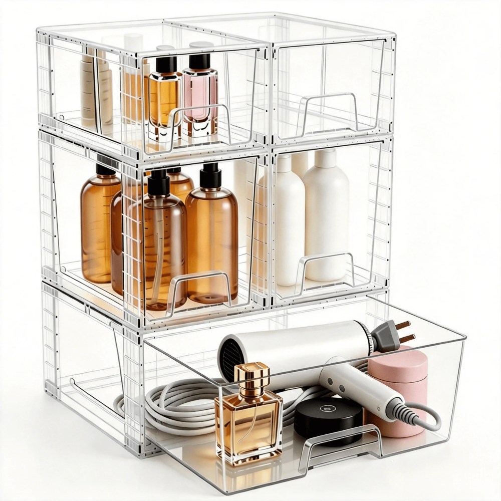 5 Pack Large Clear Stackable Drawers Storage,Clear Makeup and Cosmetic Storage Containers,Plastic Bins for Bathroom Countertop Cabinet Organization