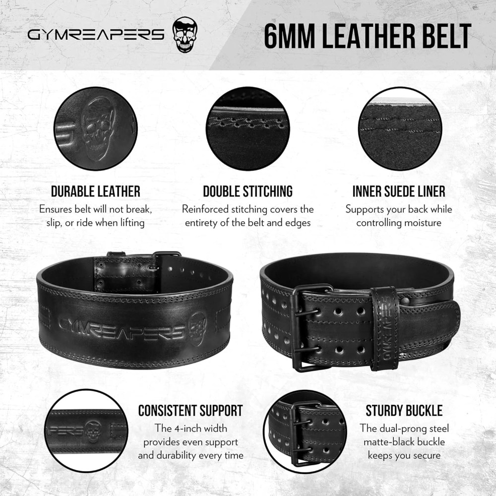 Gymreapers Weightlifting Belt 6MM Genuine Leather - Double Prong Power Belt Heavy Duty 4-Inch Wide - Strong, Stabilizing Back Support for Deadlifts, Squats Powerlifting (Black, 2X-Large) - Image 4