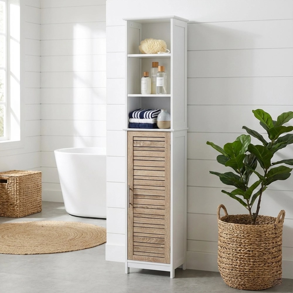 Tall Bathroom Storage Cabinet with Open Shelves and Vented Door,Slim Linen Cabinet for Compact Bathroom Organization,White and Oak Finish - Stockholm Collection