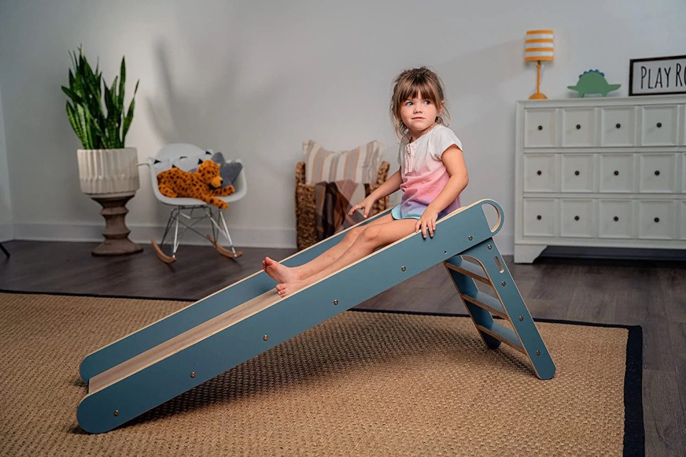Avenlur Indoor Folding Slip and Slide for Kids - Easy Set Up, Easy to Store Playset, Safe Toy for Toddlers, Foldable Wooden Large First Slide with Extra Long Slipping Slope Ages 1.5 - 4 Years (Blue