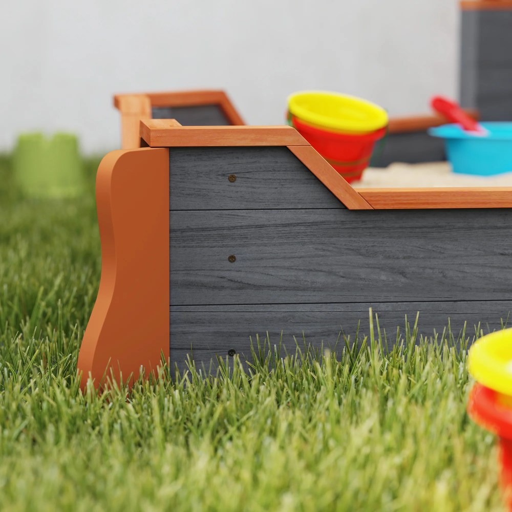 Outsunny Wooden Kids Pirate Sandbox, Outdoor Sandboat with Bench Seats, Storage, Non-Woven Fabric Cloth for Backyard, Lawn, Gray - Image 9