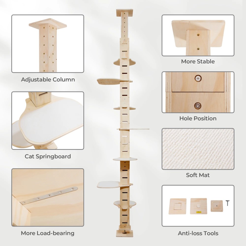 COZIWOW Floor to Ceiling Cat Tree Tower for Indoor Large Cats Tall Cat Climber with Adjustable Height (98-114 inches) 7 Tier Wood Cat Climbing Tower - Image 13
