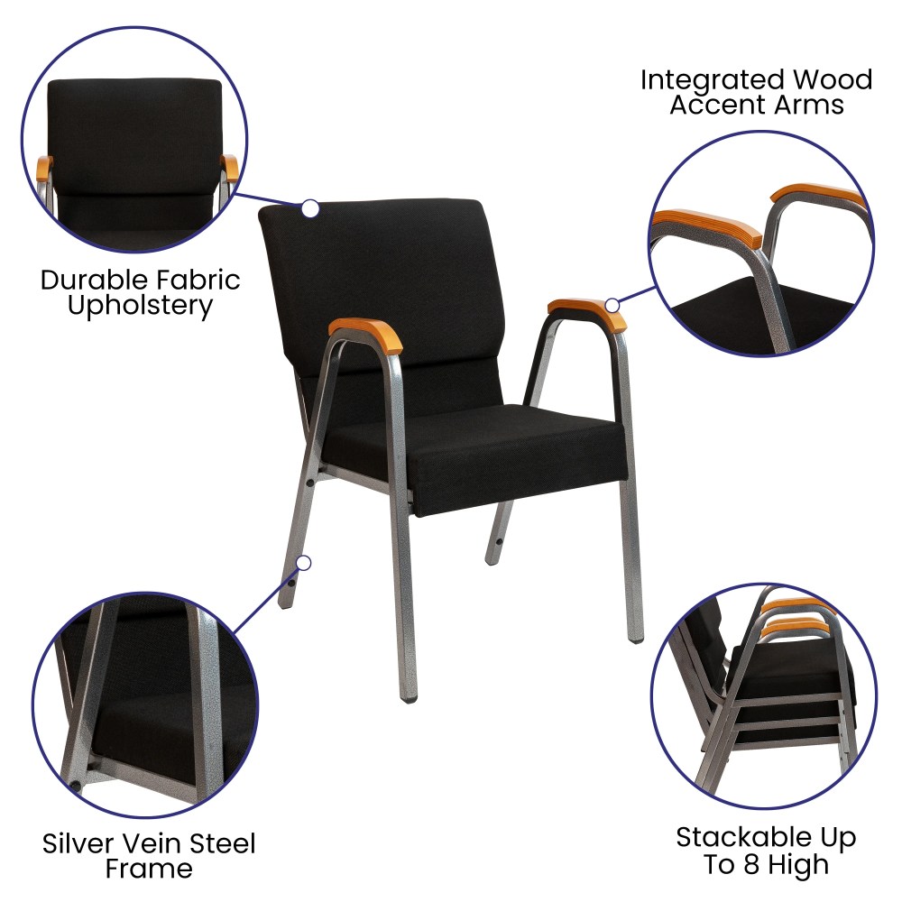 Flash Furniture HERCULES Series 21"W Stacking Wood Accent Arm Church Chair in Black Fabric - Silver Vein Frame - Image 9