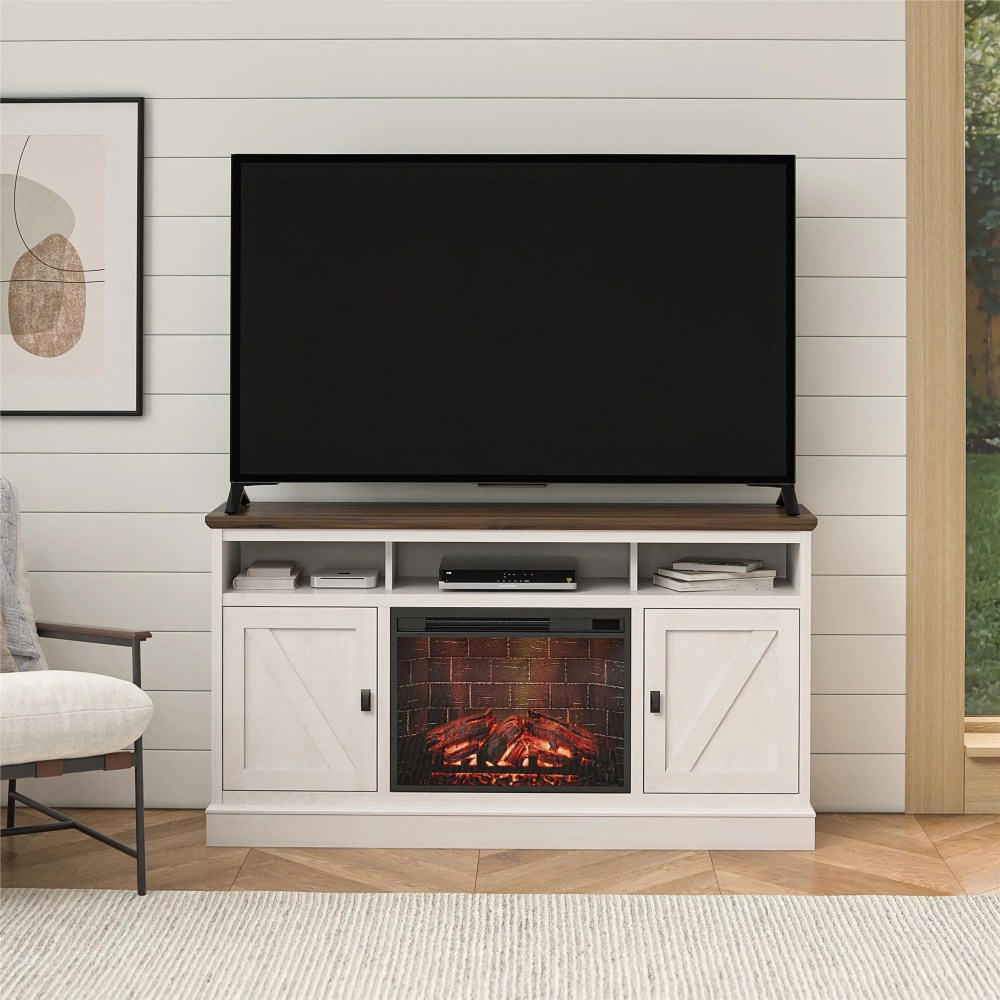 Ashton Lane Electric Fireplace TV Stand with Remote for TVs up to 65in,Magnolia Oak/Columbia Walnut