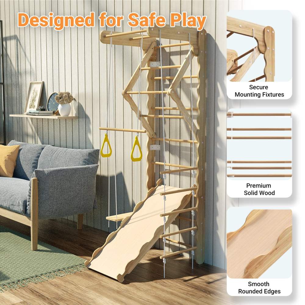 MulinsonFly 5-in-1 Swedish Ladder Wall Set-Montessori Indoor Jungle Gym for Kids 3-8, Wooden Climbing Toy with Pull-up Bar, Swing & Slide, 330lbs Capacity - Image 2