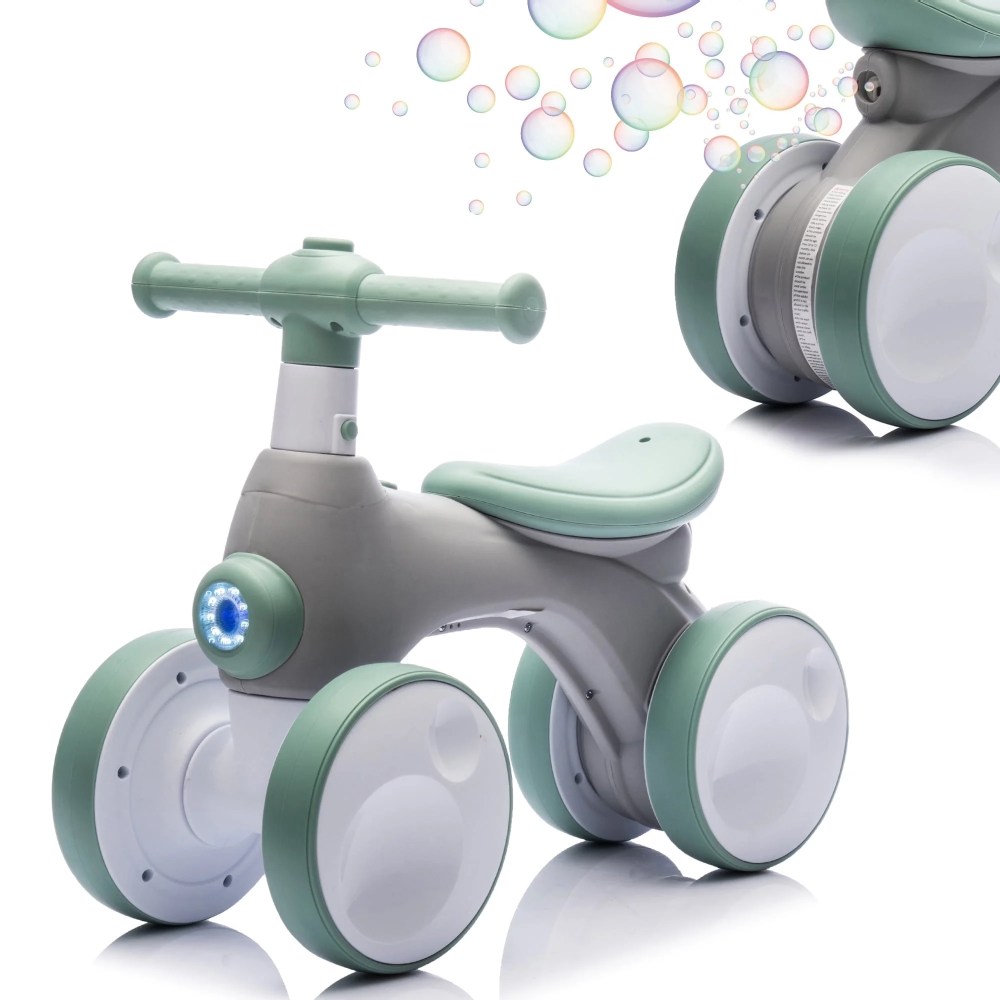 Baby Toddler Balance Bike with Bubble Machine for 1 Year Old Children, 4 Wheels Kids Balance Bike w/Bubble Maker, Kids Ride on Toys w/Music, Headlight for Ages 12-36 Months Boys Girls (Light Green)