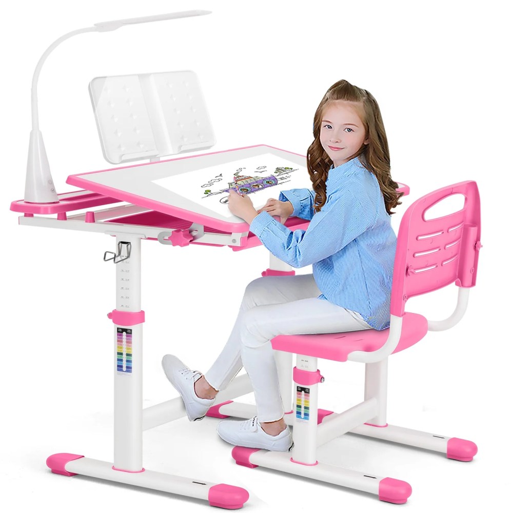 Artist Hand Kids Study Desk and Chair Set Height Adjustable Children Table Large Writing Board Desk with LED Lamp,Pull Out Drawer,Bookstand (Pink)