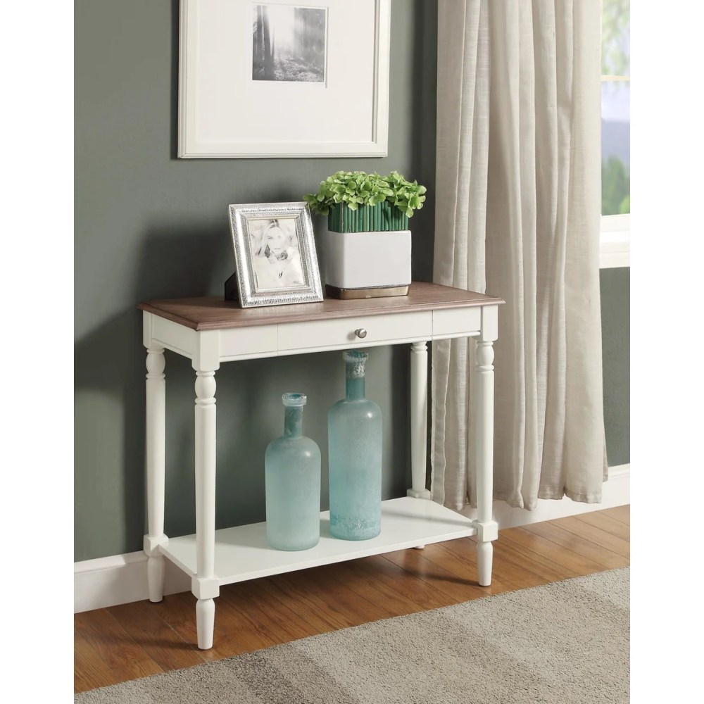 French Country Hall Table with Drawer and Shelf in Driftwood and White Wood