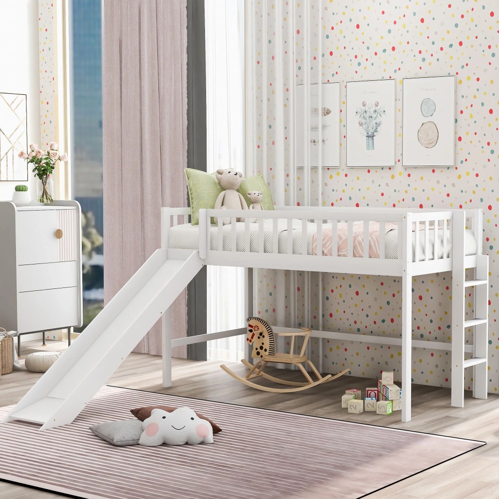 Aukfa Twin Loft Bed with Slide, Solid Wood Bed Frame for Kids - White
