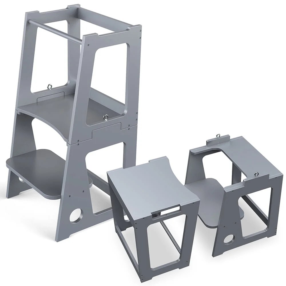 Zzbiqs Kids Kitchen Step Stool with Safety Rail,2 in 1 Convertible Wooden Toddler Learning Stool Helper Standing Tower for Kitchen Counter,Bathroom,Toilet ,Gray