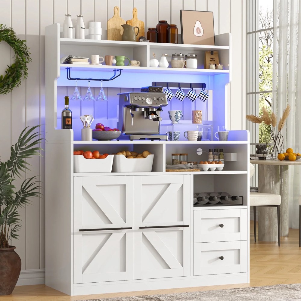 Winkalon Farmhouse Coffee Bar with LED Lights,41.3 inch Coffee Bar Cabinet with Storage,Wine Bar Cabinet with Wine and Glass Rack for Living,Dining Room,White