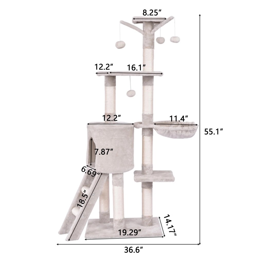 Pefilos 56" Cat Tree Tower for Indoor Cats with Ladder, Scratching Posts Cat Condo for Multiple Cats Jump Platform Cat Furniture Activity Center, Beige - Image 4