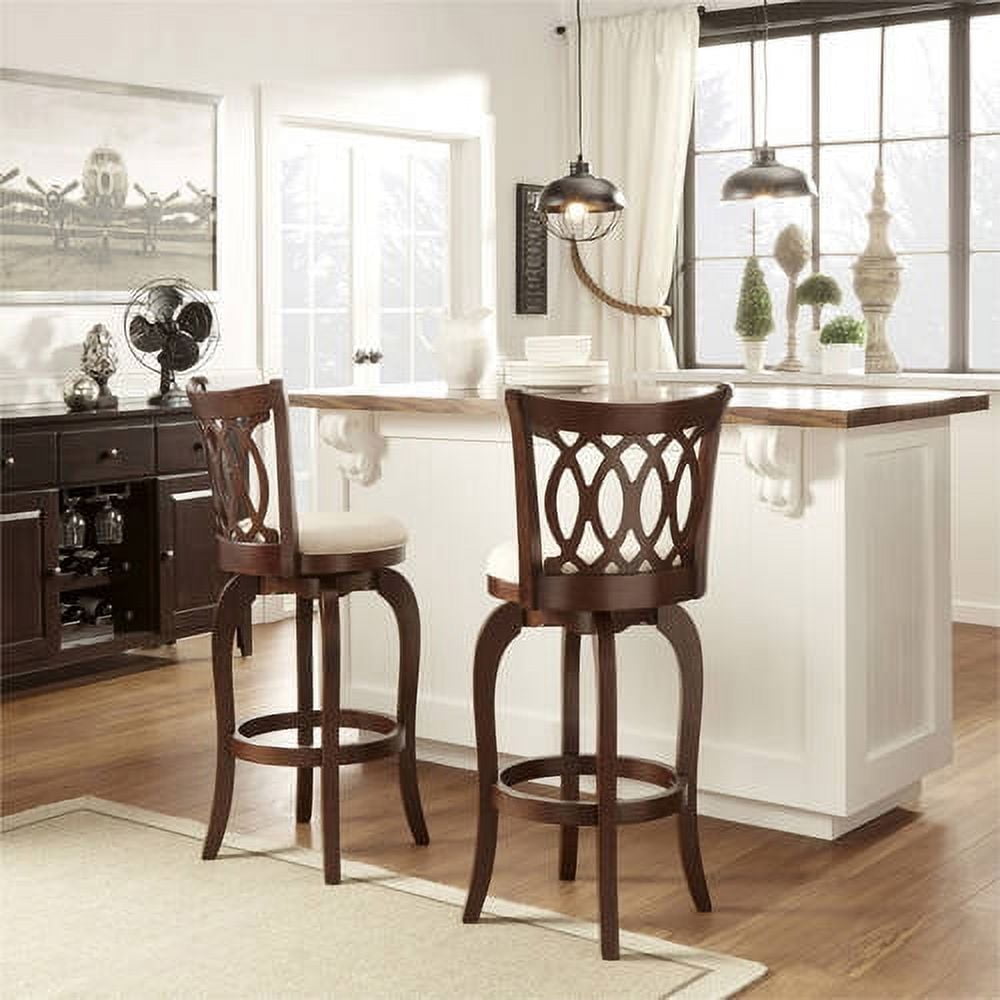 Weston Home Motif Upholstered Swivel Cherry Finish Wood Bar Height Stool,Beige
