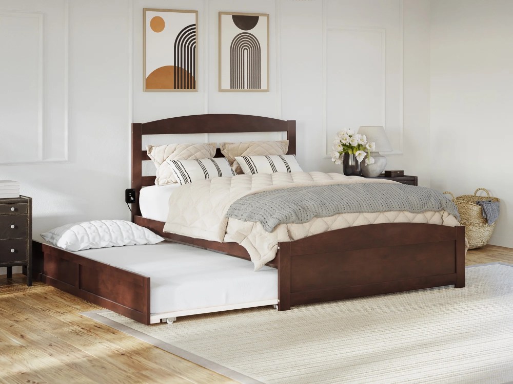 AFI Warren Full Wood Platform Bed with Headboard Footboard & Twin Trundle,Walnut