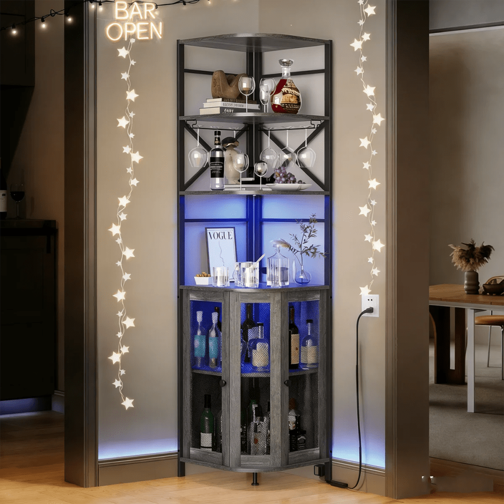 Winkalon Corner Bar Cabinet with Power Outlet,5-Tiers Industrial Wine Cabinet with LED Strip and Glass Holder for dining room,living room,kitchen,Grey