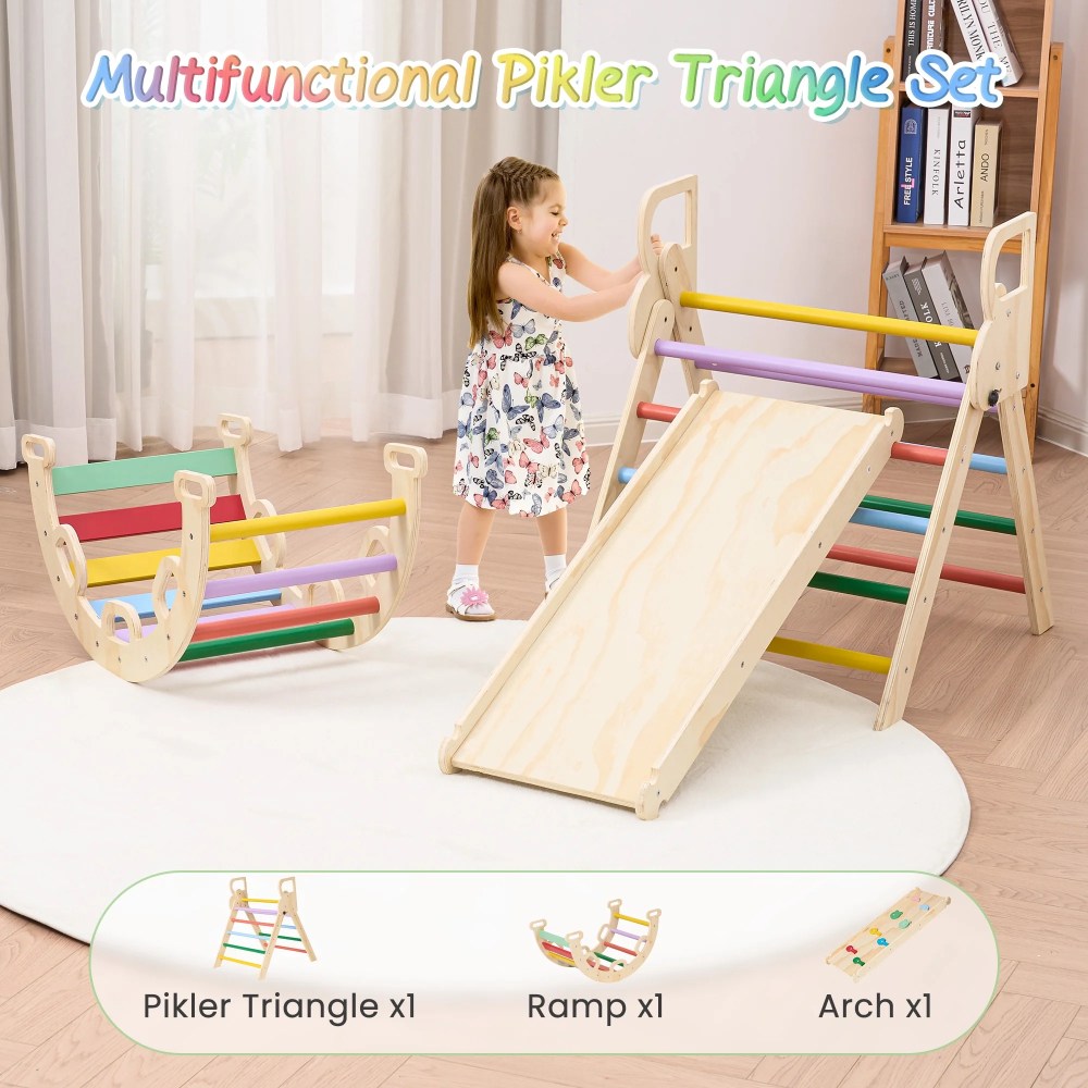 Naipo Pikler Triangle Set, Climbing Frame 8 in 1 Toddler, Wooden Climbing Indoor Kids Playground, Jungle Gym Play Set for Toddler, Baby, 3-Piece Rainbow - Image 8
