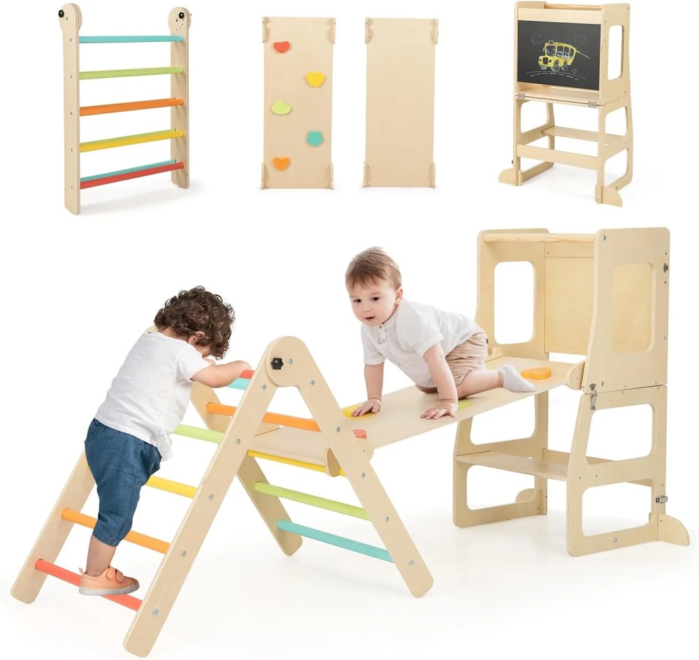 OLAKIDS Climbing Toys for Toddlers, 8 in 1 Foldable Wood Pikler Montessori Jungle Gym with Toddler Tower Angle Adjustable Ladder Ramp Slide, Indoor Kids Playground Climber Triangle Set (Colorful)