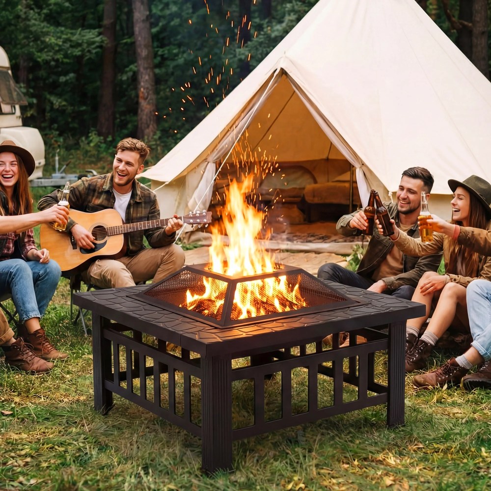 32" Fire Pits for Outside,SYNGAR Wood Burning Bonfire Fire Pit Table with Mesh Lid,Grate and Poker,Outdoor Metal Square Fire Pit for BBQ,Camping,Picnics,Backyard - Image 3
