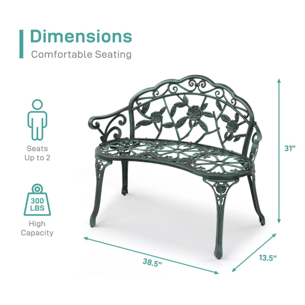 Winado 38.5 in Cast Aluminum Garden Bench,Heavy Duty Metal Bench for Outdoor and Indoor,Bronze Green - Image 4