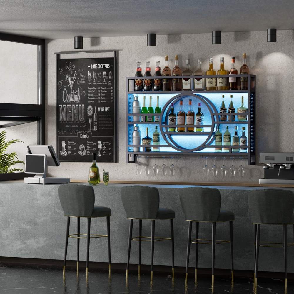 3-Tier Industrial Wine Rack Wall Mounted with LED Light,Floating Bar Shelves with Wine Glass Holder Hanging Liquor Shelf,Wall-Mounted Wine Racks Cabinets for Home Bar No Assembly Required 39 in - Image 6