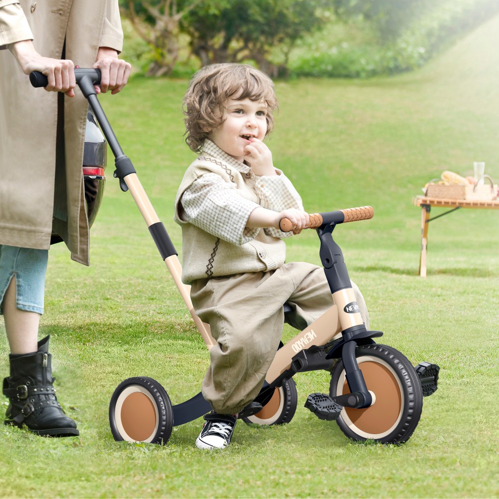 newyoo Toddler Tricycle with Push Handle for 1-3 Year Old, Toddler Bike, Birthday Gift and Toy for Boys and Girls, 5 in 1 Kids Trike, Balance Bike with Backrest and Safety Belt, Khaki, TR007 - Image 3