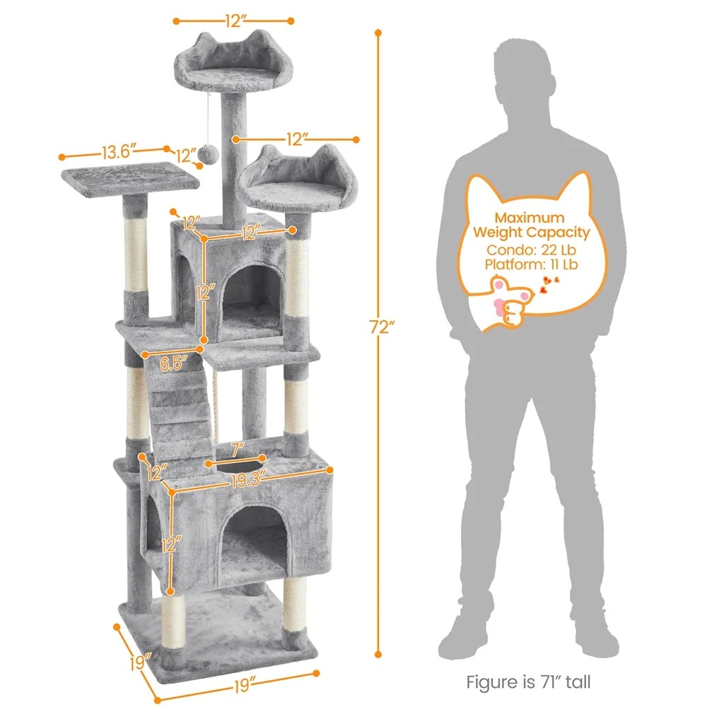 Alden Design 72" H Multi-Level Large Cat Tree with 2 Cozy Perches for Medium Cats, Light Gray - Image 3