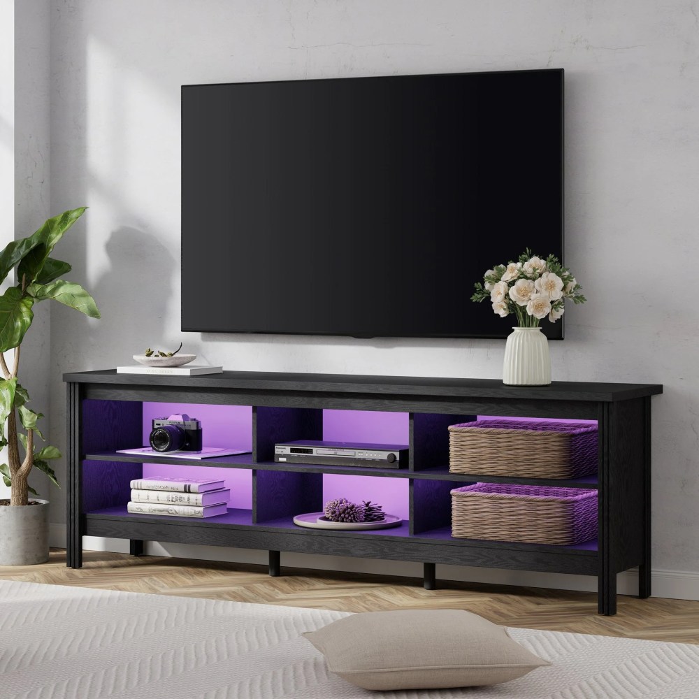 WAMPAT 70" Farmhouse TV Stand for TVs Up to 75 Inch,Wood TV Console with 16 Color LED Light for Living Room,Bedroom,Black