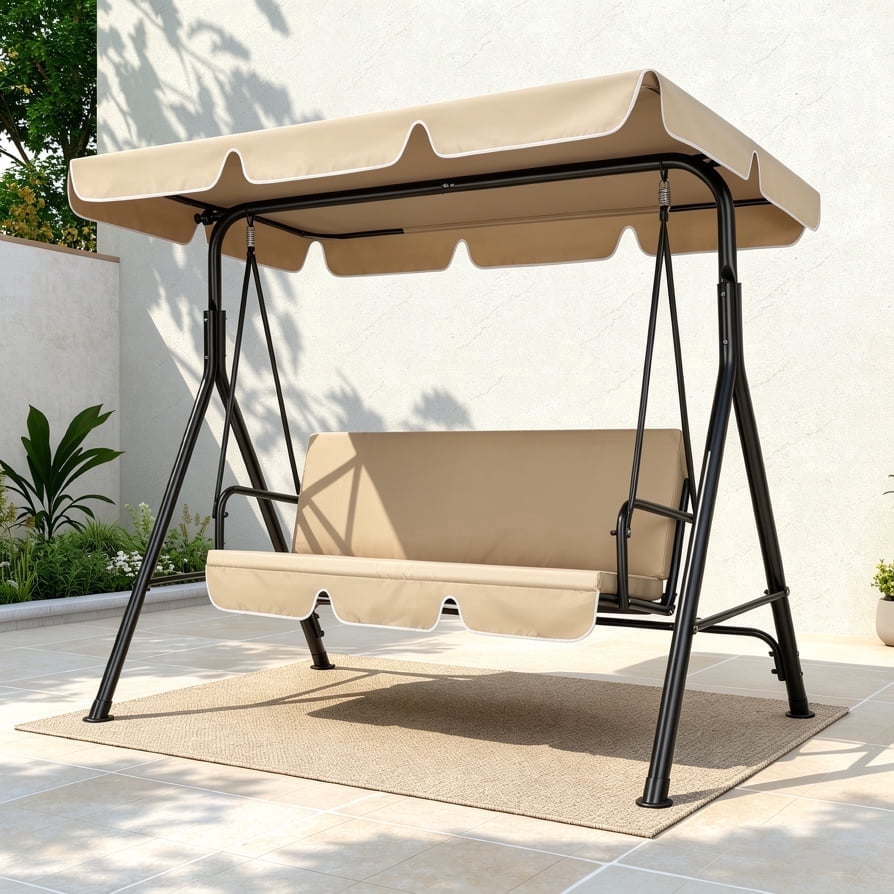 VIVOHOME 3 Seat Porch Swing Chair with Converting Canopy&Removable Cushion,Cushioned Steel Frame Porch Canopy Swing Chair,Swing Glider Hammock for Patio,Garden,Beige