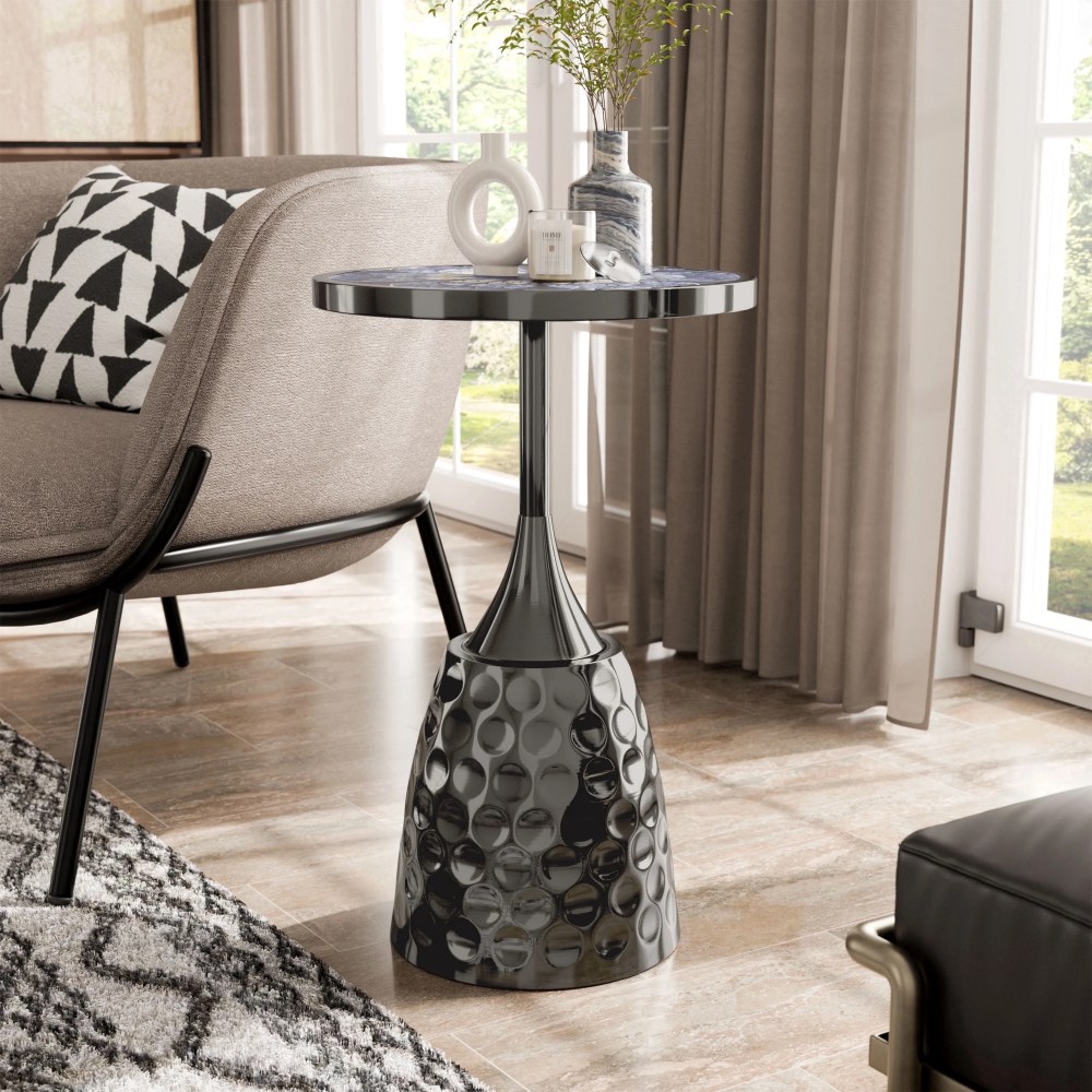 24/7 Shop At Home Enric Modern Metal Accent Side Table with Round Tabletop,Living Room End Table,Black with Geometric Pattern