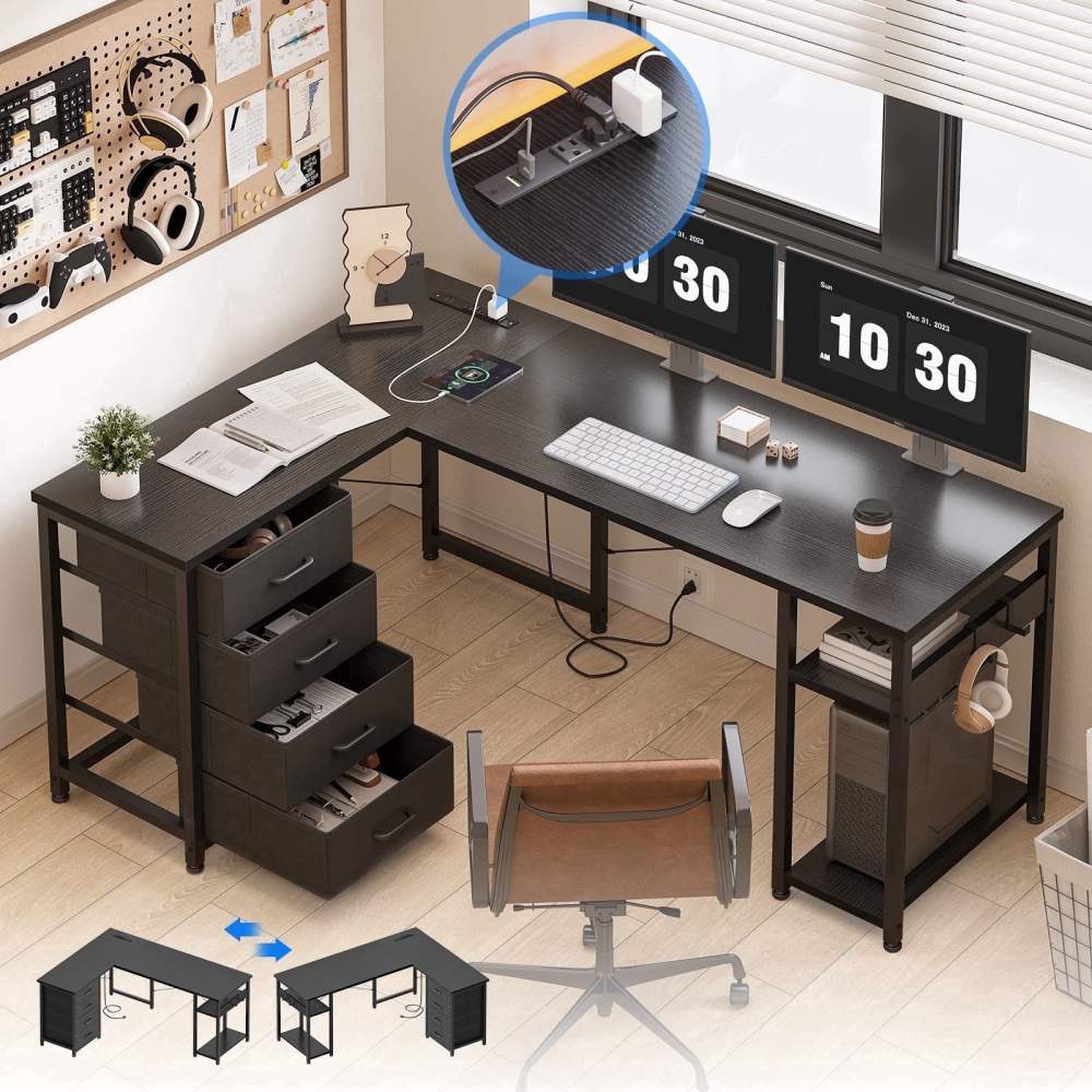 Reversible L Shaped Corner Desk with Charging Station and Drawers,Modern Office & Gaming Desk,Pure Black