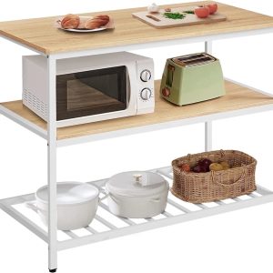 Kitchen Storage Island 3-Tier Kitchen Shelf Organizer Kitchen Baker's Rack Coffee Bar with Large Open Shelves & Worktop Oak Color & White