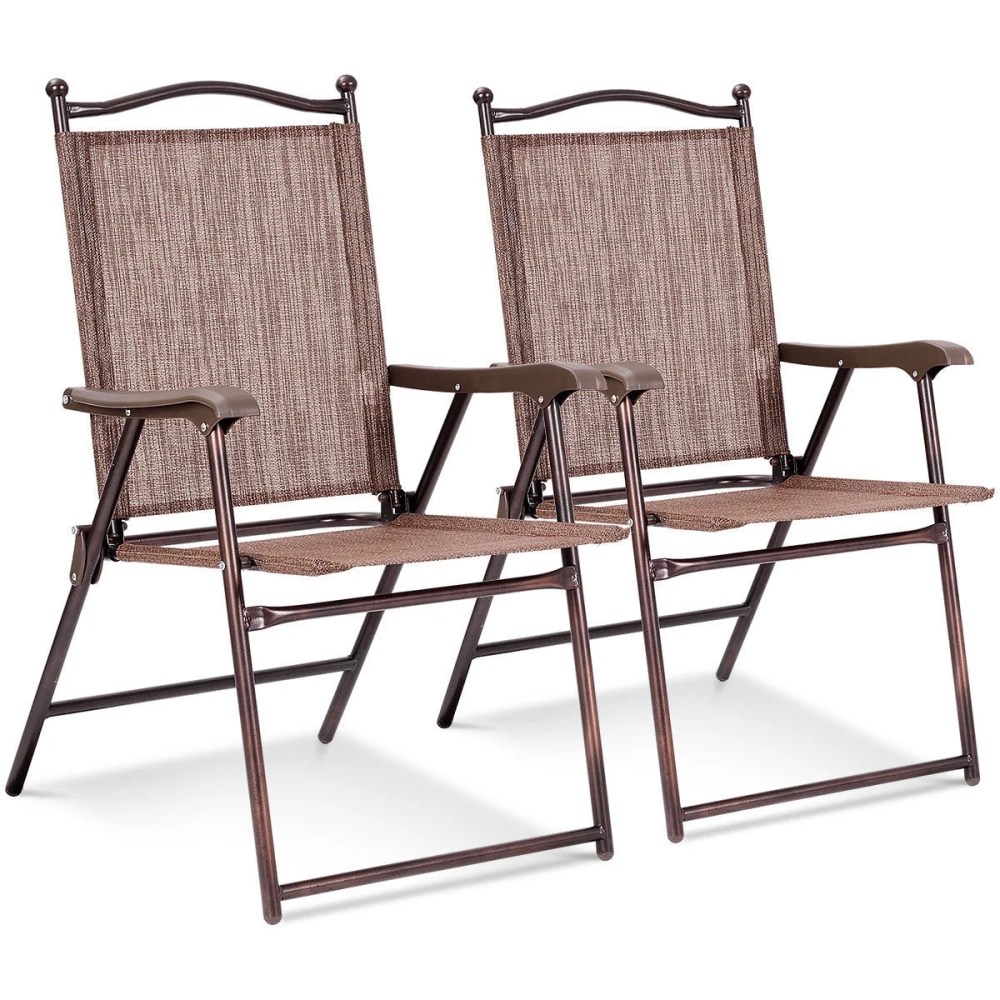 Gymax brown Set of 2 Folding Patio Furniture Sling Back Chairs Outdoors